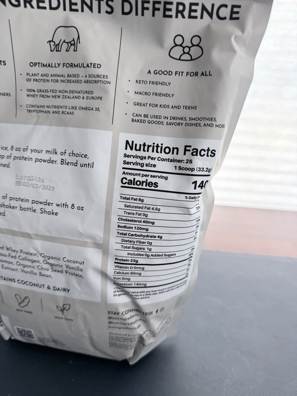 Just Ingredients Vanilla Bean Protein Powder Keto Friendly NSF Certified 1.8 lb