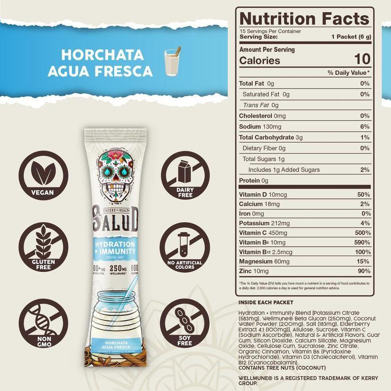Salud 2-in-1 Hydration Immunity Packets Horchata Flavor Electrolytes 15 Servings