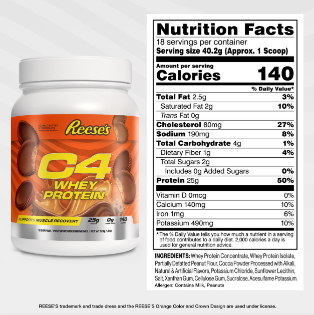C4 Whey Protein Powder Reese’s Peanut Butter Cup 25g Protein 18 Servings