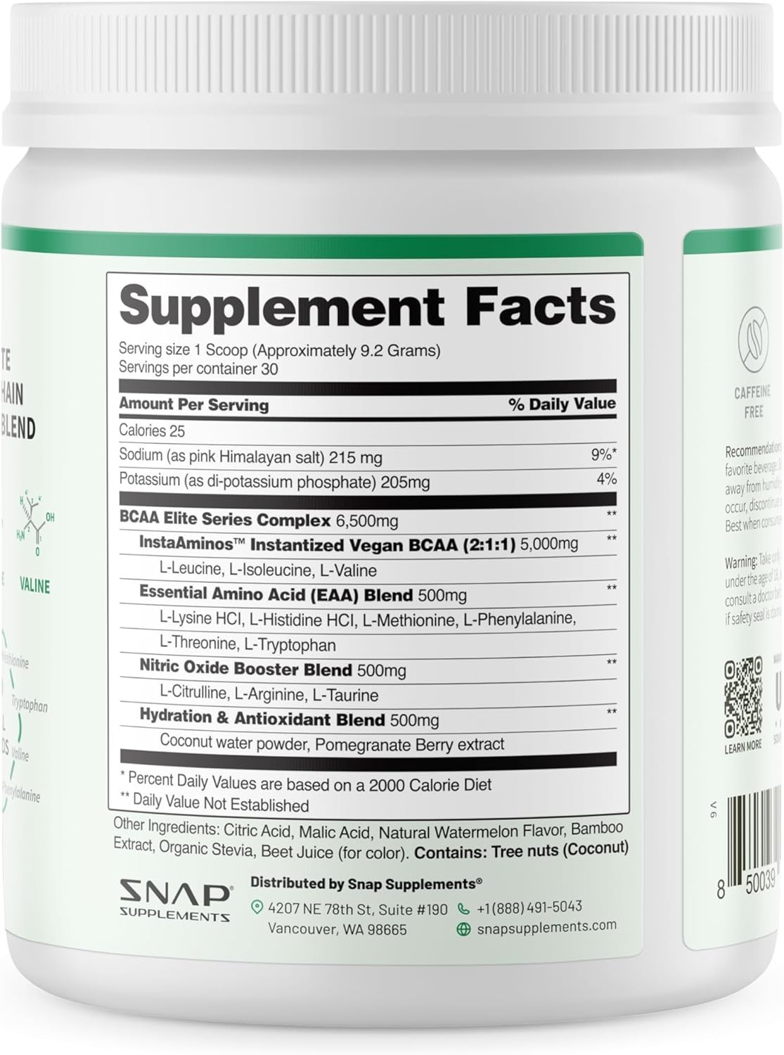 Snap Supplements BCAA Powder – 5g Vegan Branched Chain Amino Acids (2:1:1 Leucin