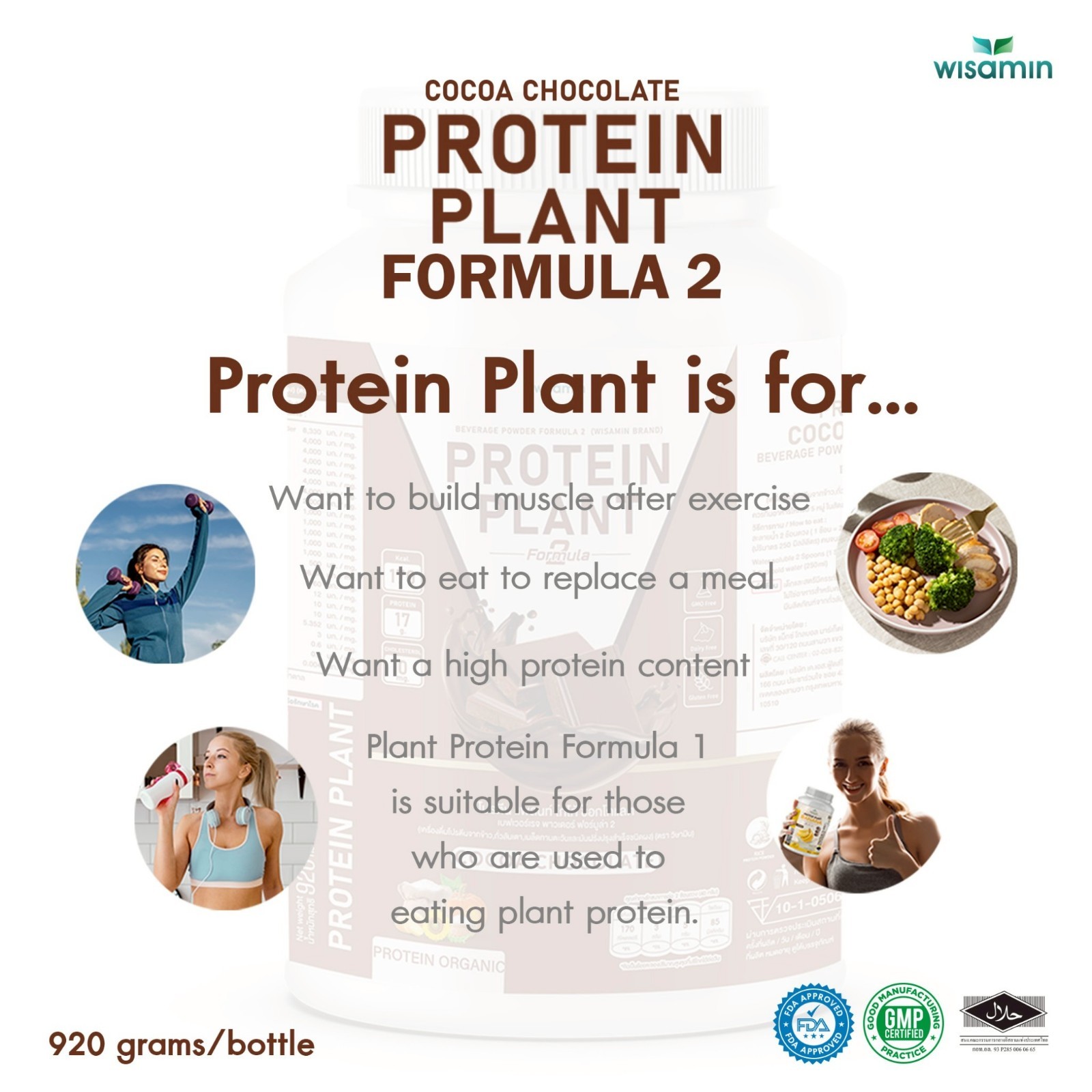 WISAMIN Plant Protein Cocoa F2 | 920g 2lbs | Organic, Soy/Gluten-Free, Non-GMO
