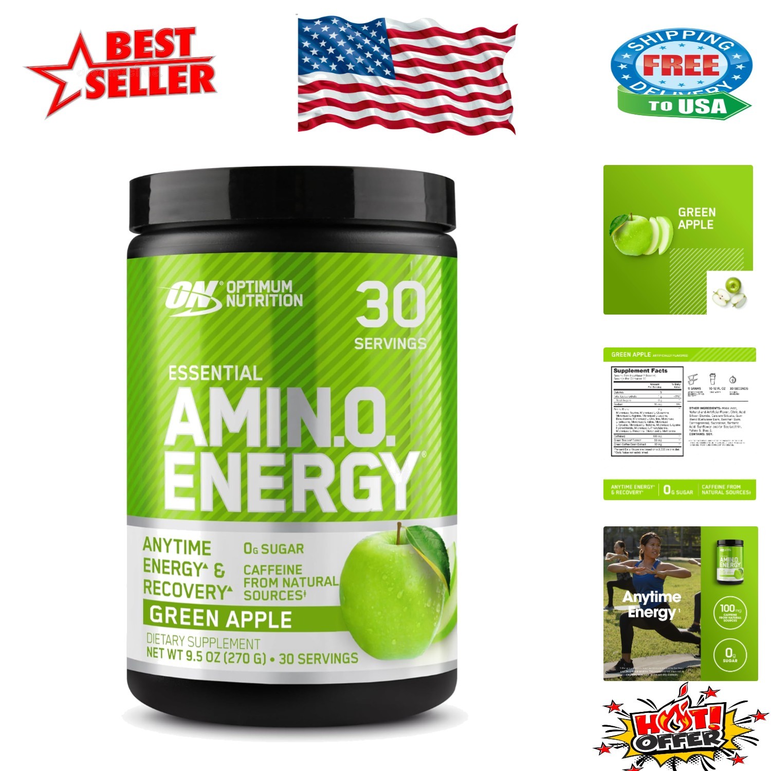 Essential Amino Energy – Green Apple Pre-Workout, 30 Servings for Enhanced Focus
