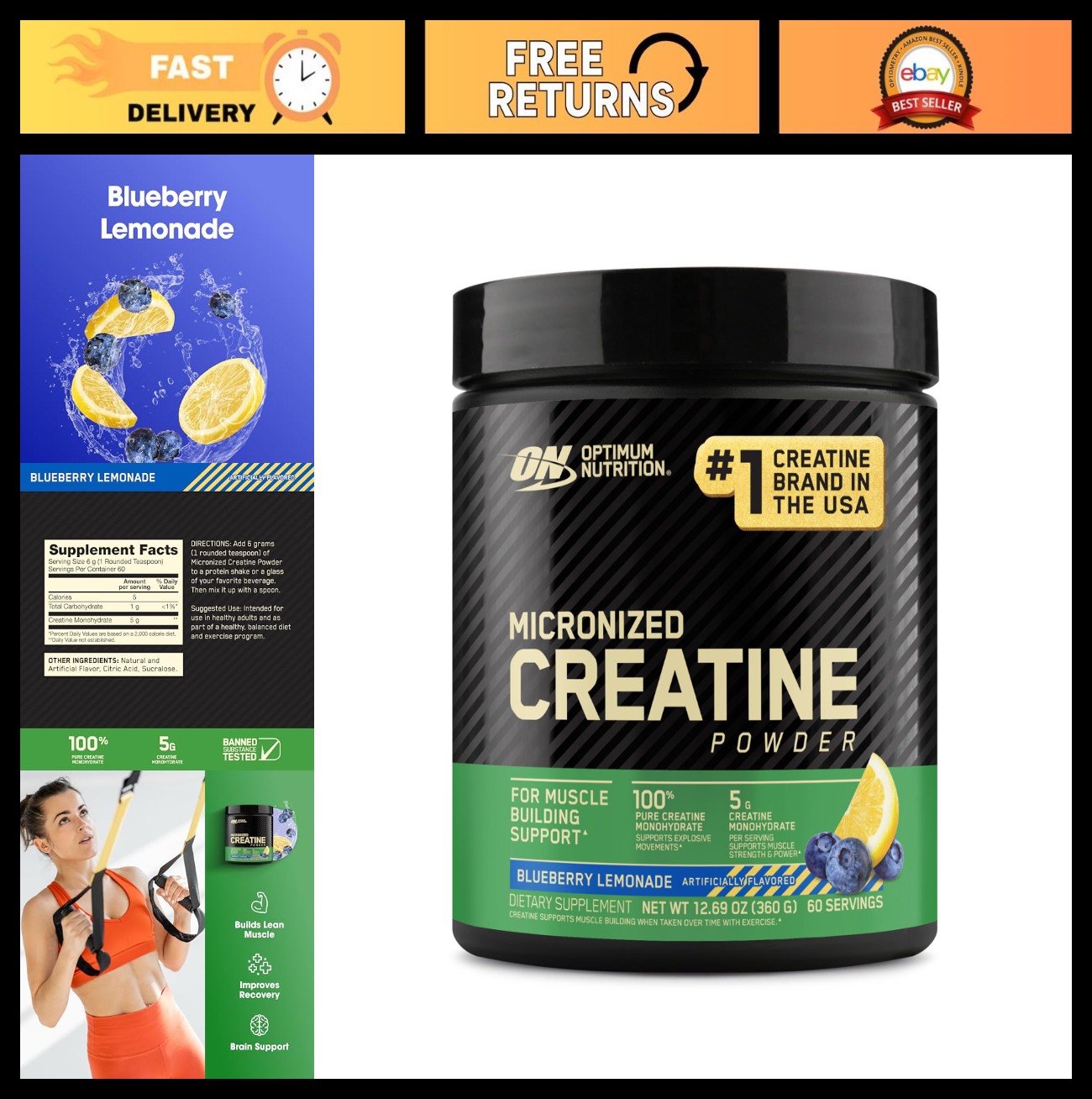 Micronized Creatine Monohydrate Powder – Blueberry Lemonade Flavor, 60 Servings,