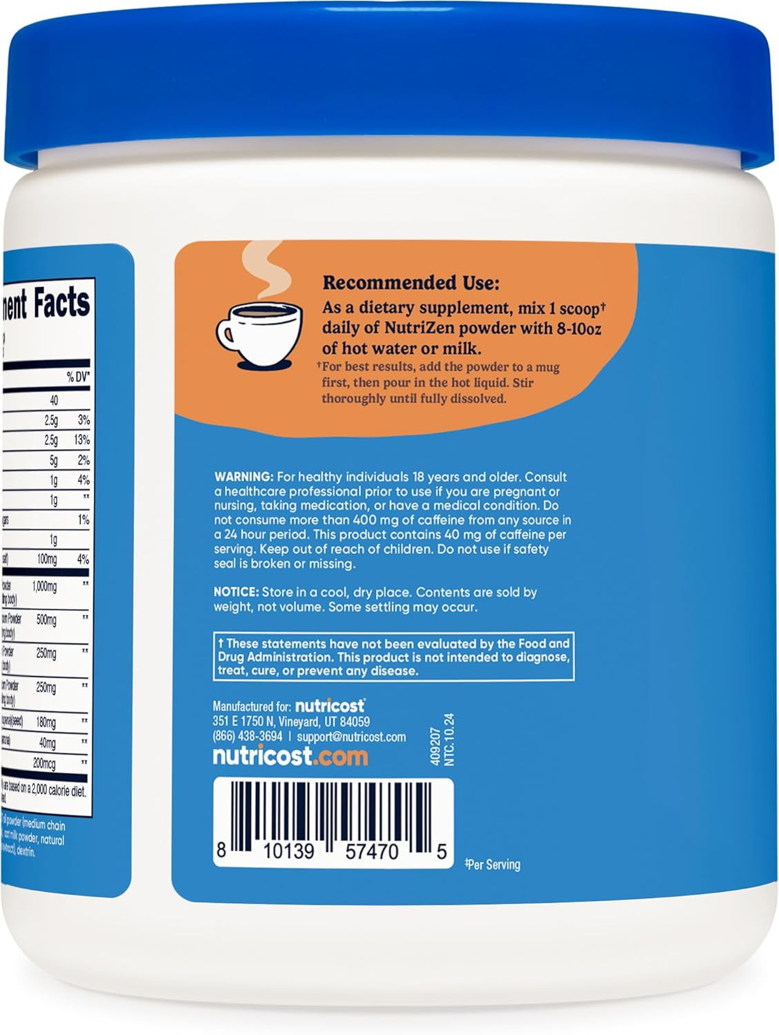 Nutricost Nutrizen AM Focus Adaptogenic Mushroom Drink Powder Reishi Lion’s Mane