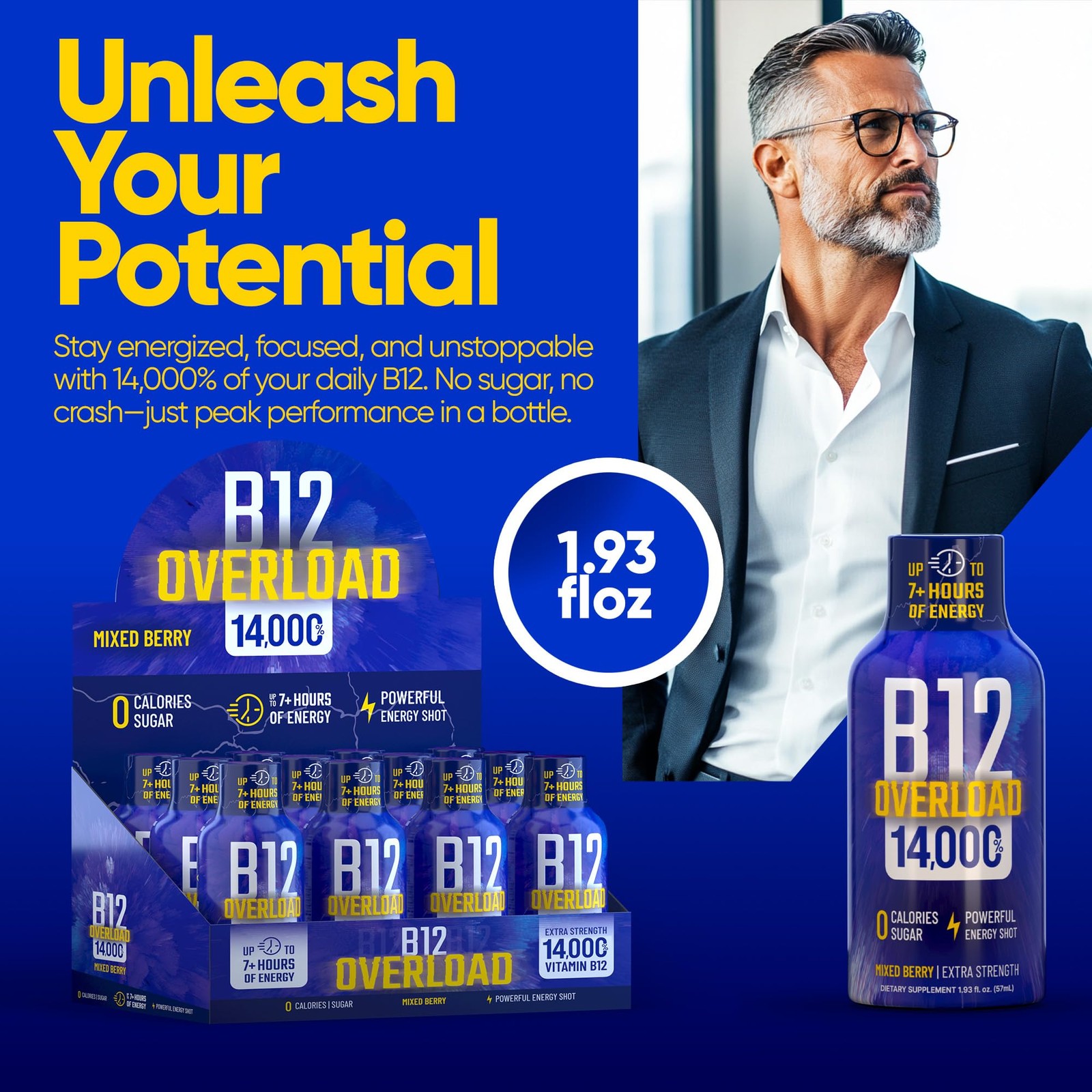B12 Overload Extra Strength Energy Shot – Mixed Berry– 260mg Caffeine, 14000% B1