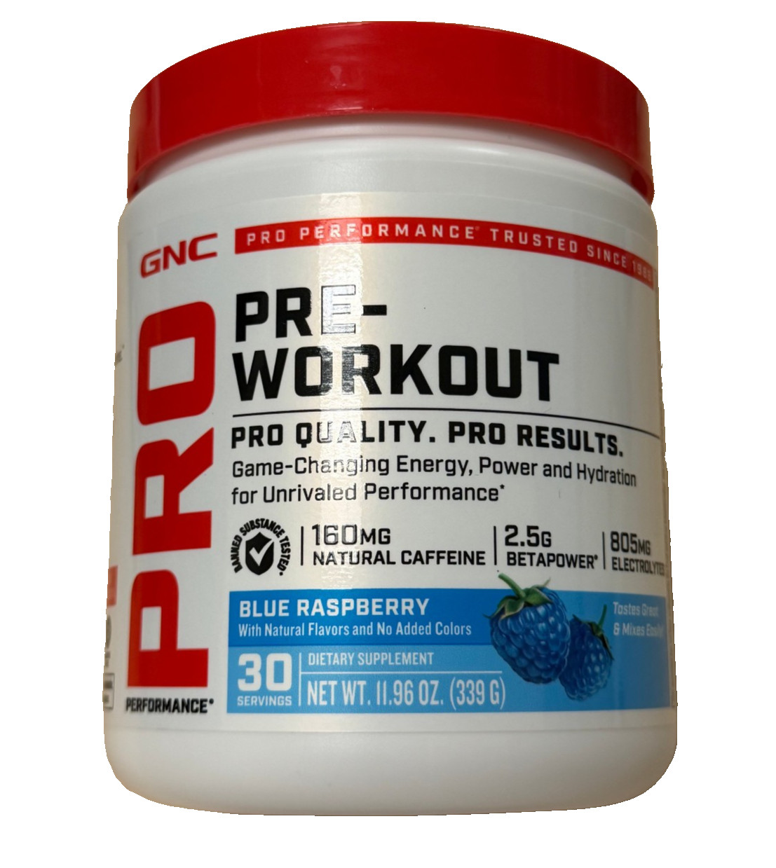 GNC Pro Pre Workout for Men & Women Blue Raspberry, 30 Servings (EXP 07/27)