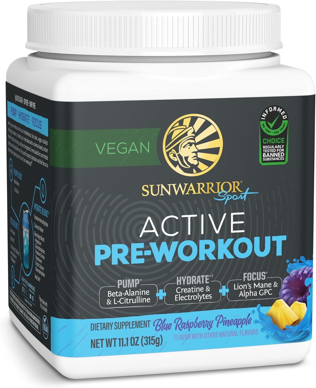 Sunwarrior Active Pre Workout Powder Blue Raspberry Pineapple 30 Servings Vegan.
