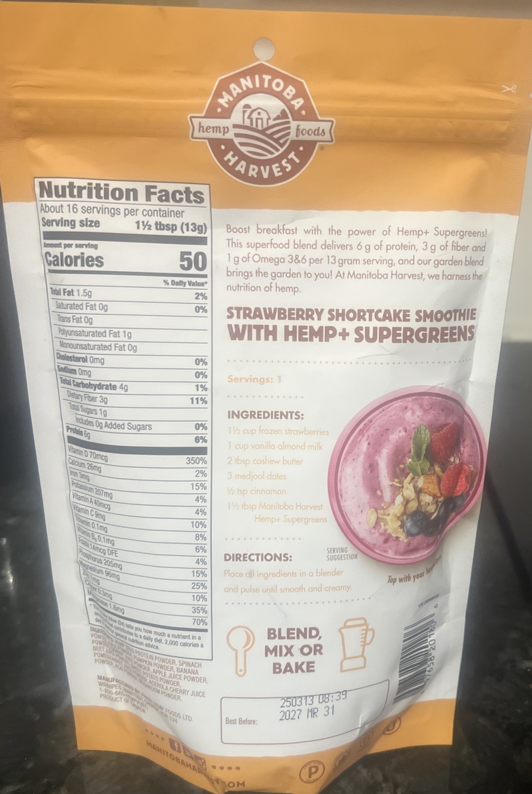 Manitoba Harvest Organic Hemp Supergreens Powder 7.5Oz Protein Fiber Superfood