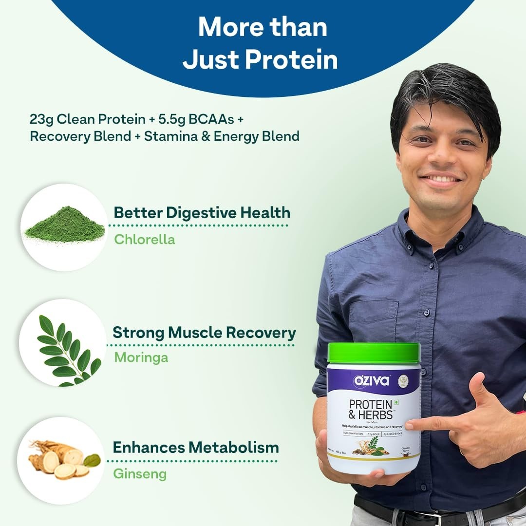 OZiva Protein & Herbs for Men (Banana Caramel) I Muscle Building 1lbs (453gm)