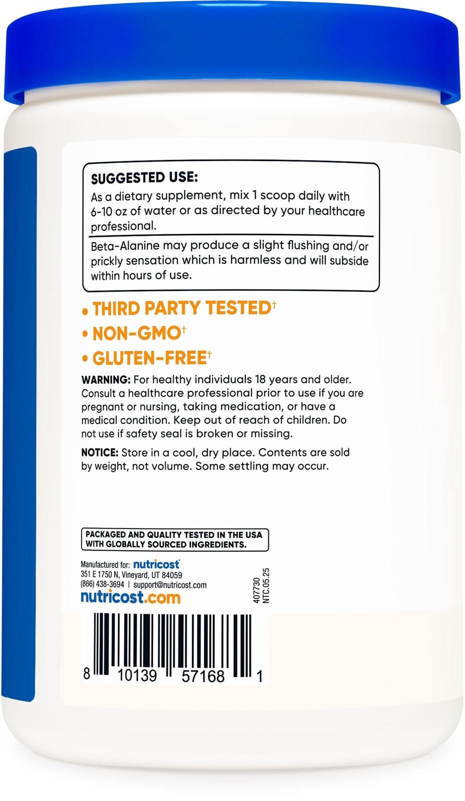 Nutricost Beta Alanine Powder 500 Grams (1.1lbs) – Pure 1.1 Pound (Pack of 1)