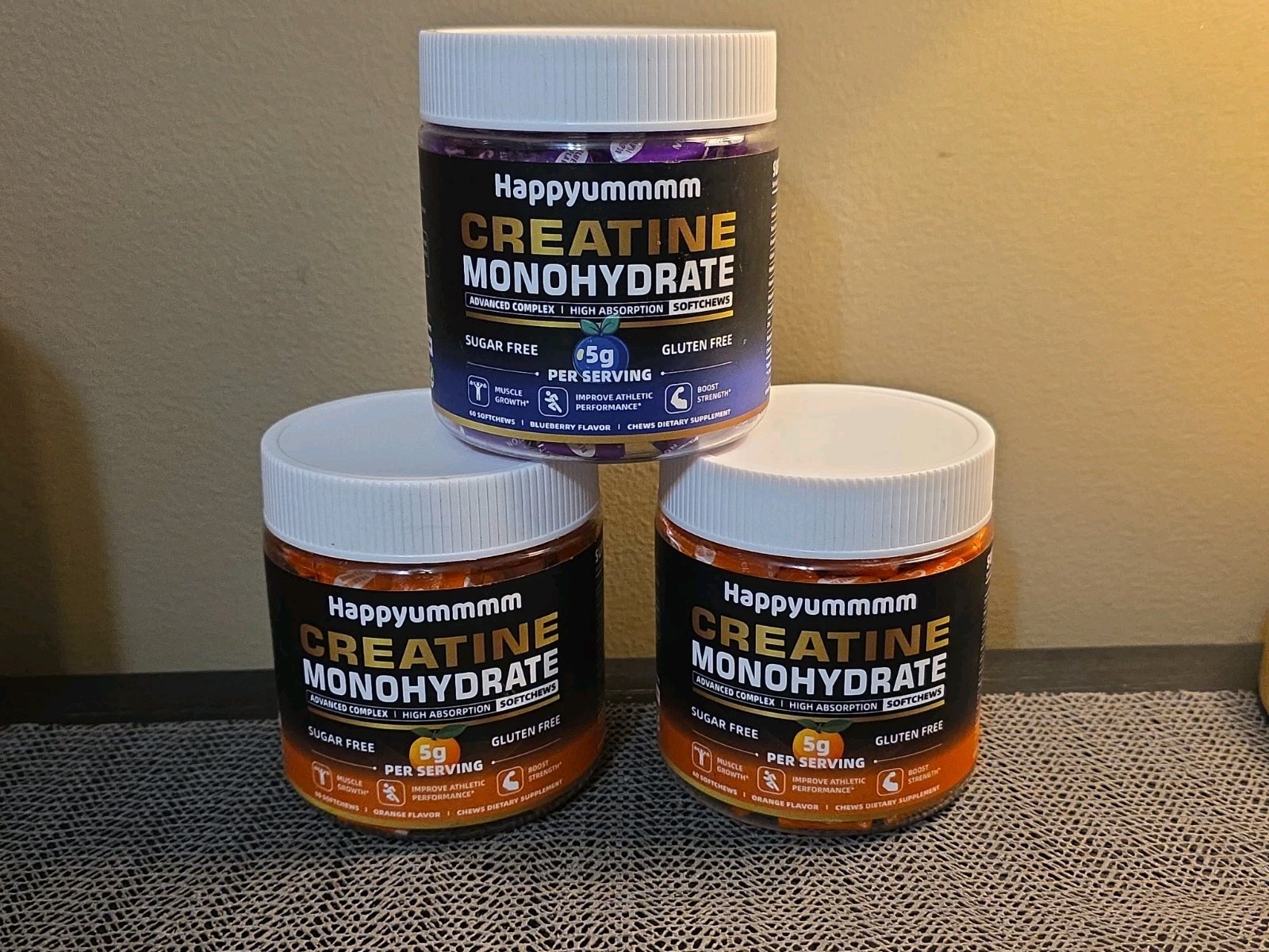 Happyummmm Creatine Monohydrate, Sf, 3 Pack Soft Chews, 2 Orange, 1 Blueberry