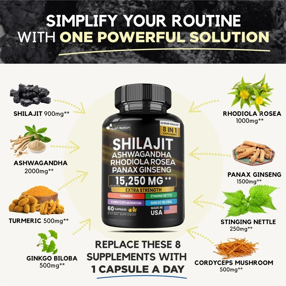 Shilajit Multivitamin (Turmeric, Ashwagandha, Ginger, Cordyceps Mushrooms) – US.