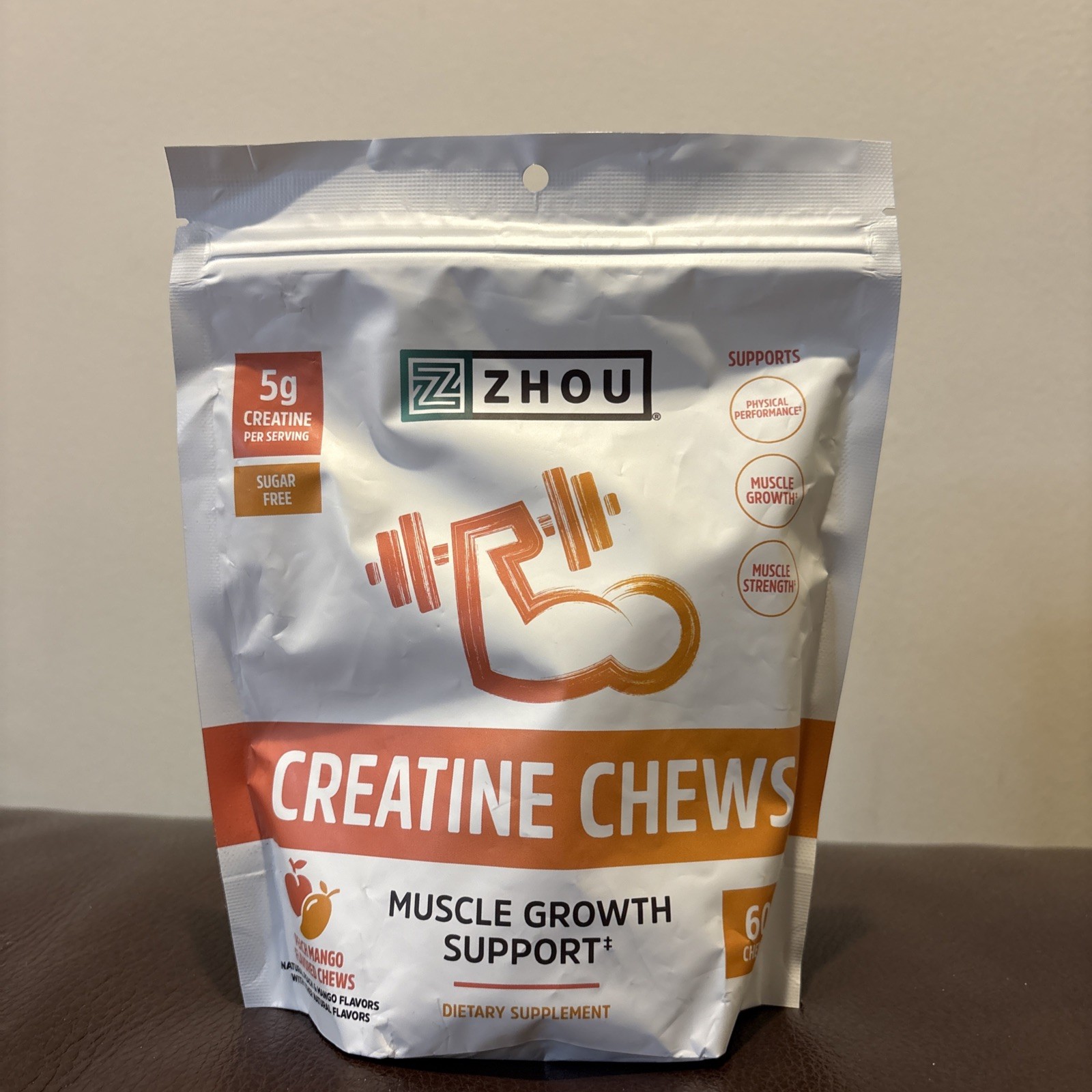 Zhou, Creatine Chews, Muscle Growth Support, Peach Mango, 60 Chews, EXP 12/2026