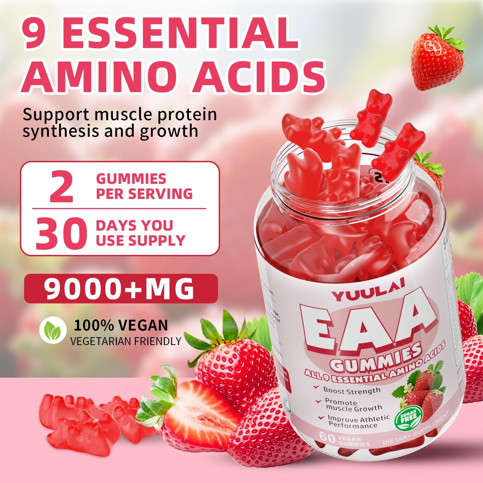 YUULAI EAA Gummies 2-Pack – 9 Essential Aminos + BCAAs, Muscle & Energy
