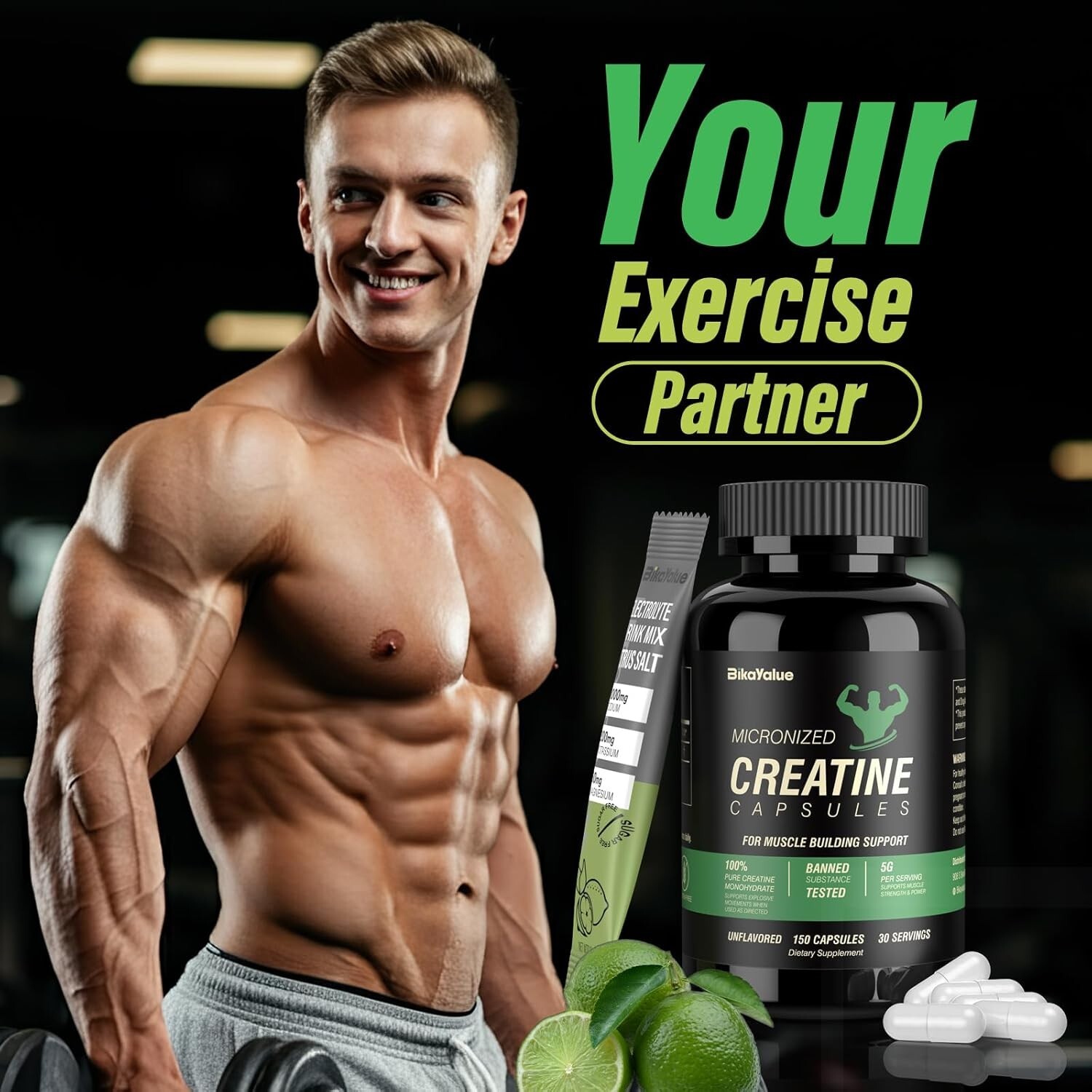 Creatine Capsules & Electrolytes Powder, 150 Creatine Capsules, (30 Servings)
