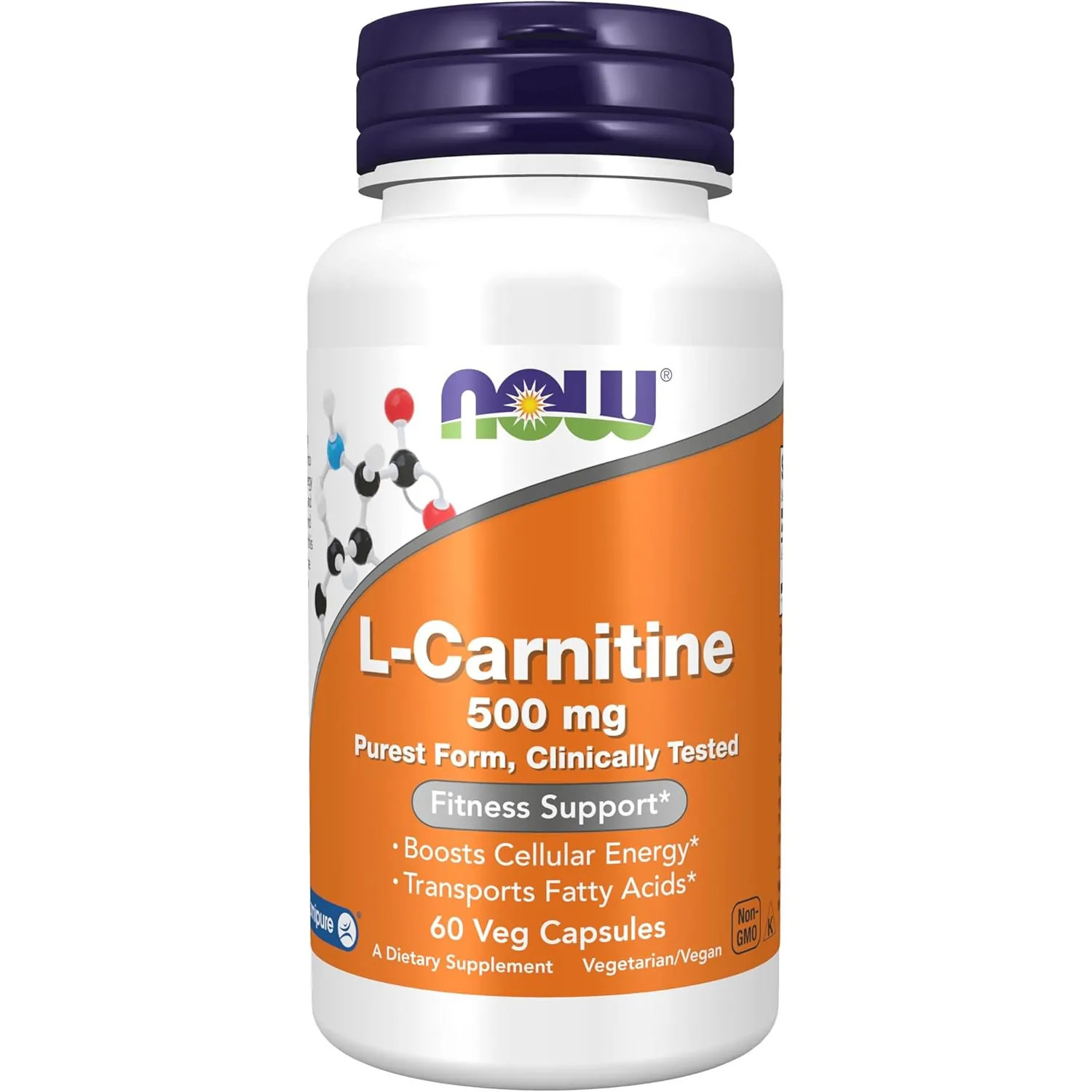NOW Foods L-Carnitine 500 mg, Purest Form, Fitness Support*, 60 Veg Capsules