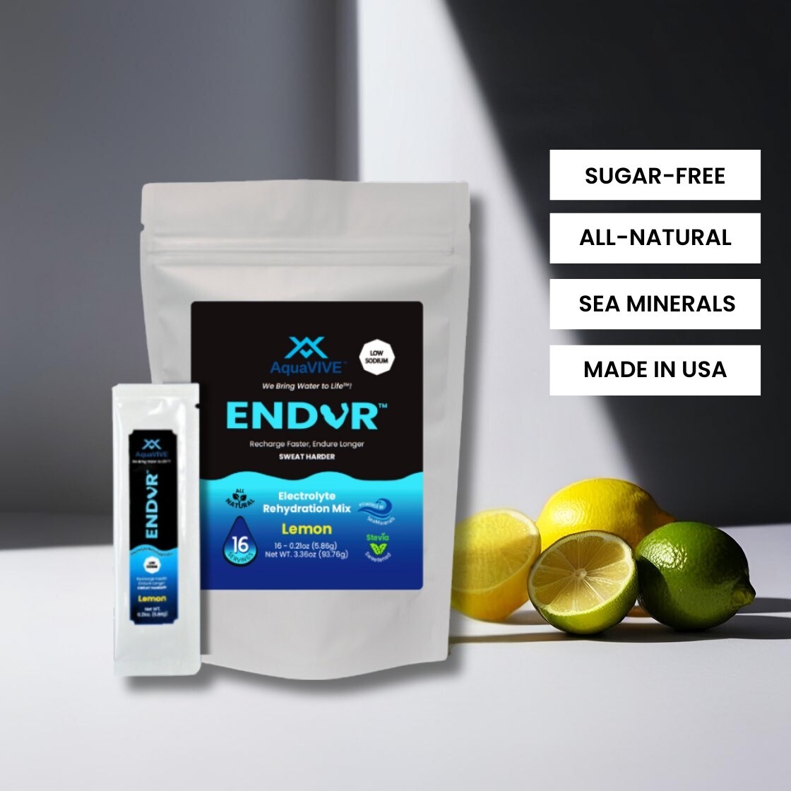 AquaVIVE™ ENDUR™ Lemon Electrolyte Powder Drink Mix Magnesium Glycinate 16 Packs