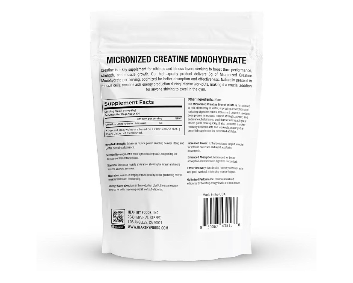 HEARTHY FOODS Creatine Monohydrate Micronized Powder 500G – 100 Servings, 5000mg