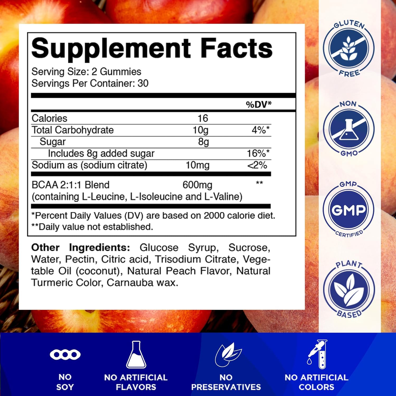 BCAA Gummies – Branch Chain Amino Acid Supplements – Peach Flavor – 600Mg per Se