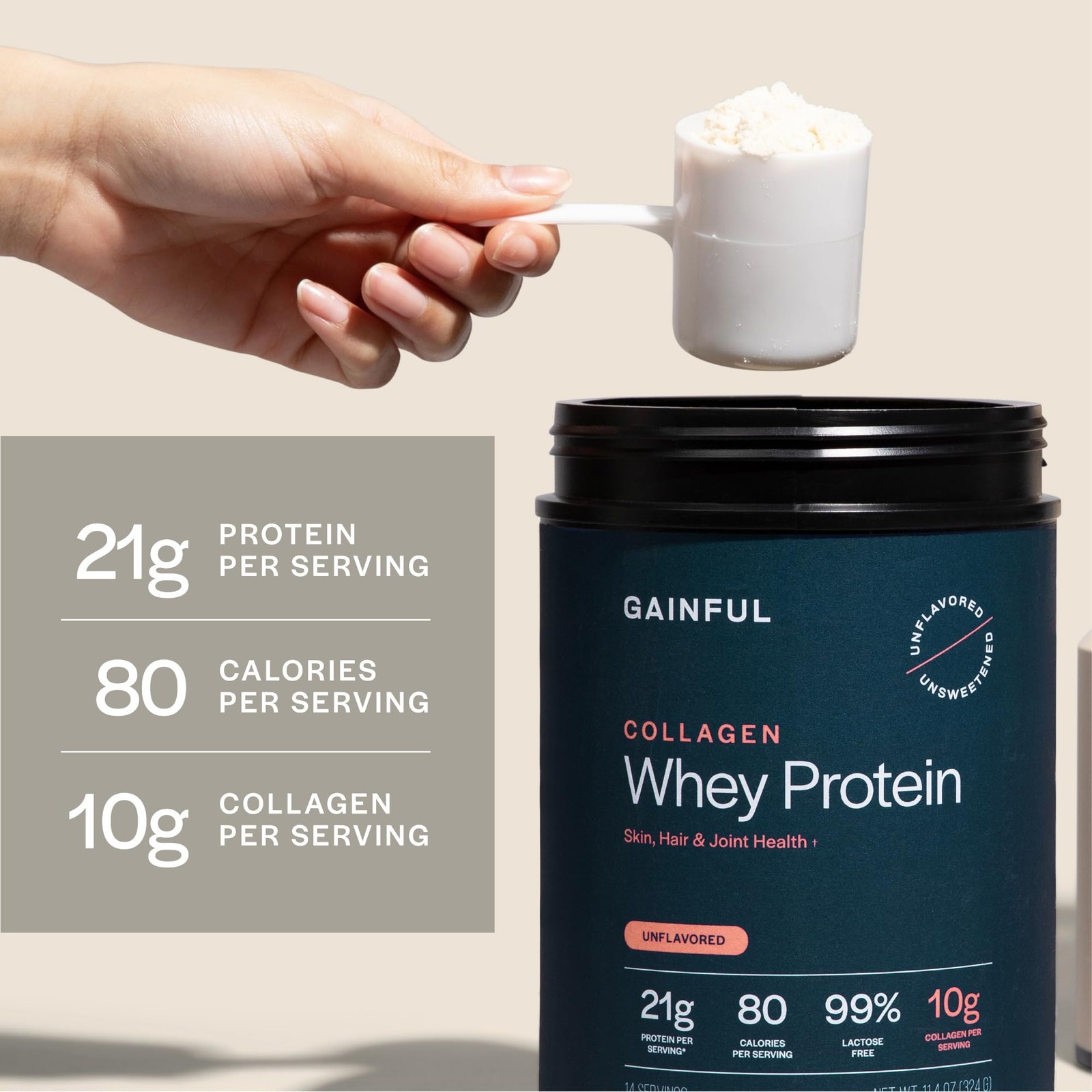 Gainful Collagen Whey Protein Powder, 21g Protein per Serving, Unflavored, Su…