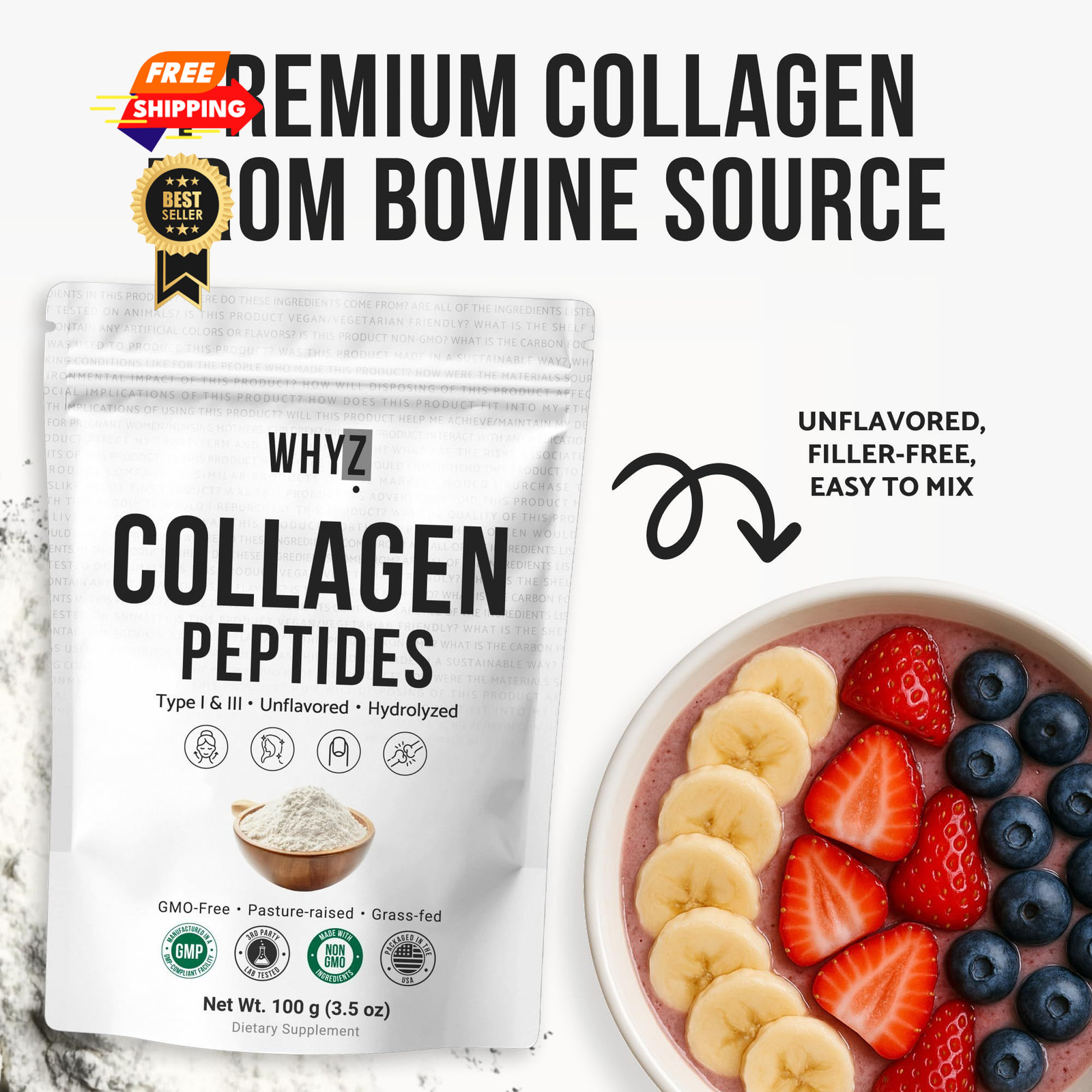 Bovine Collagen Peptides Powder Hydrolyzed Type 3.5 Ounce (Pack of 1), White