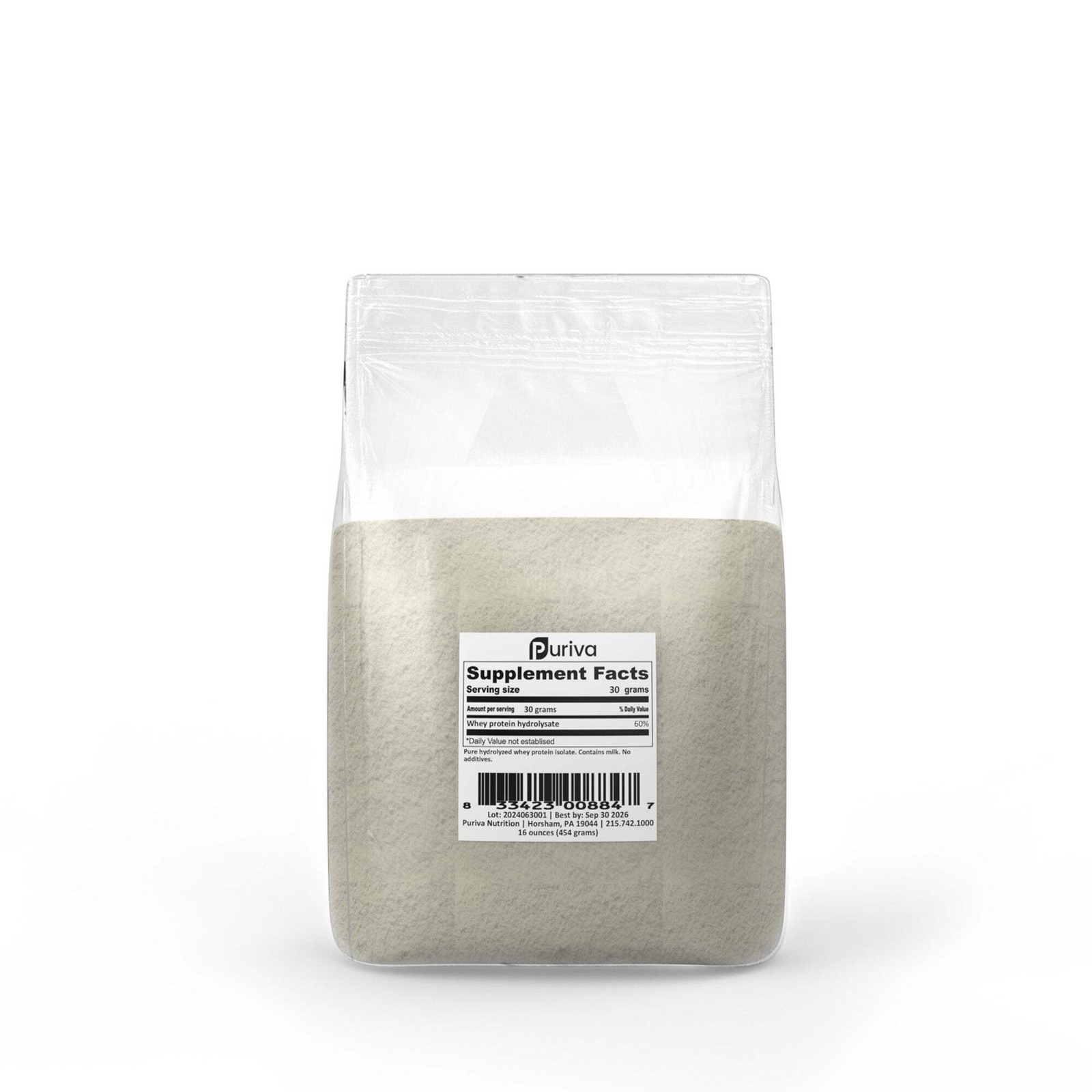 Protein powder, Hydrolyzed Whey Protein Isolate, plain, 1 pound, Puriva Nutritio