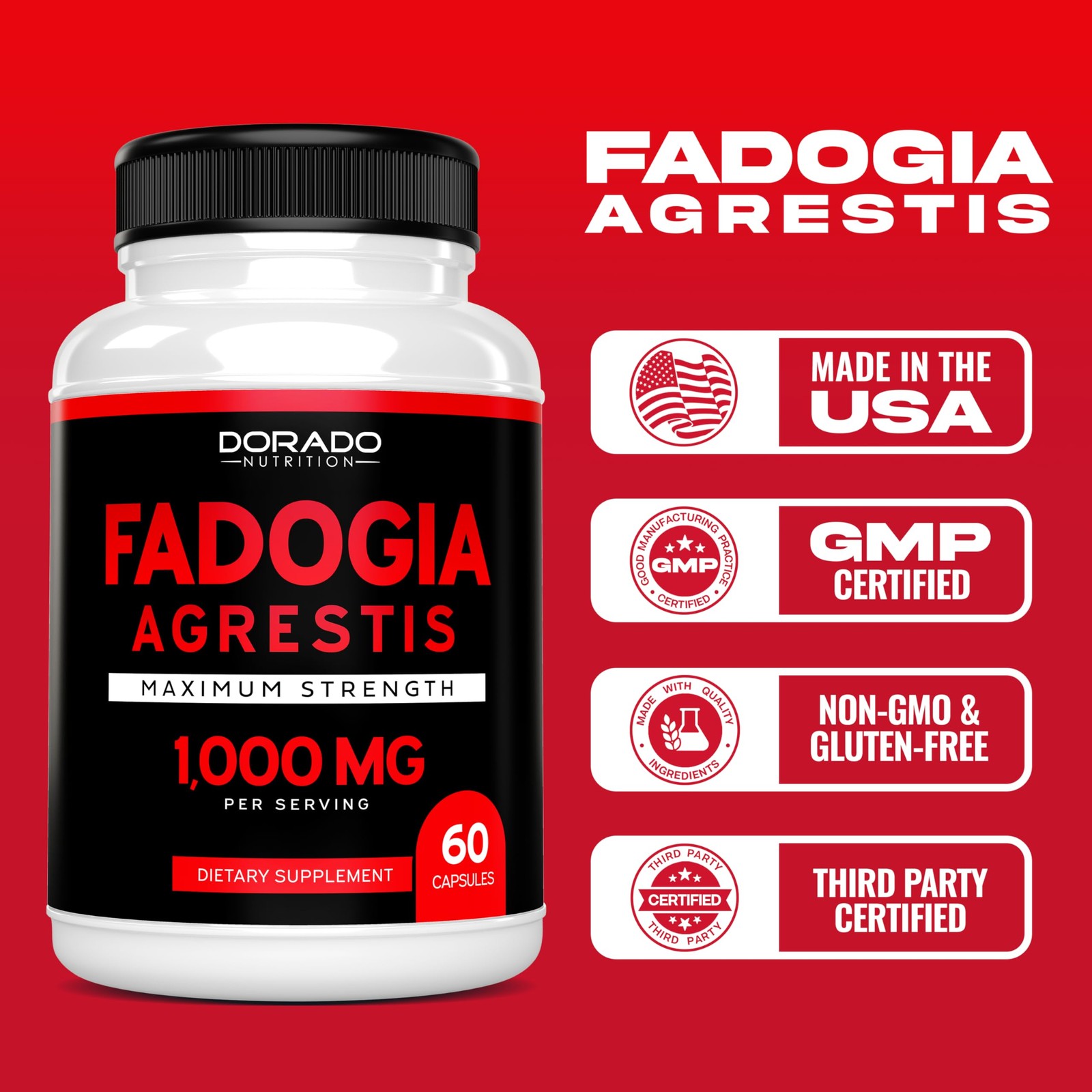 Fadogia Agrestis Extract 1000mg per Serving – 60 Count (Pack of 1), Red