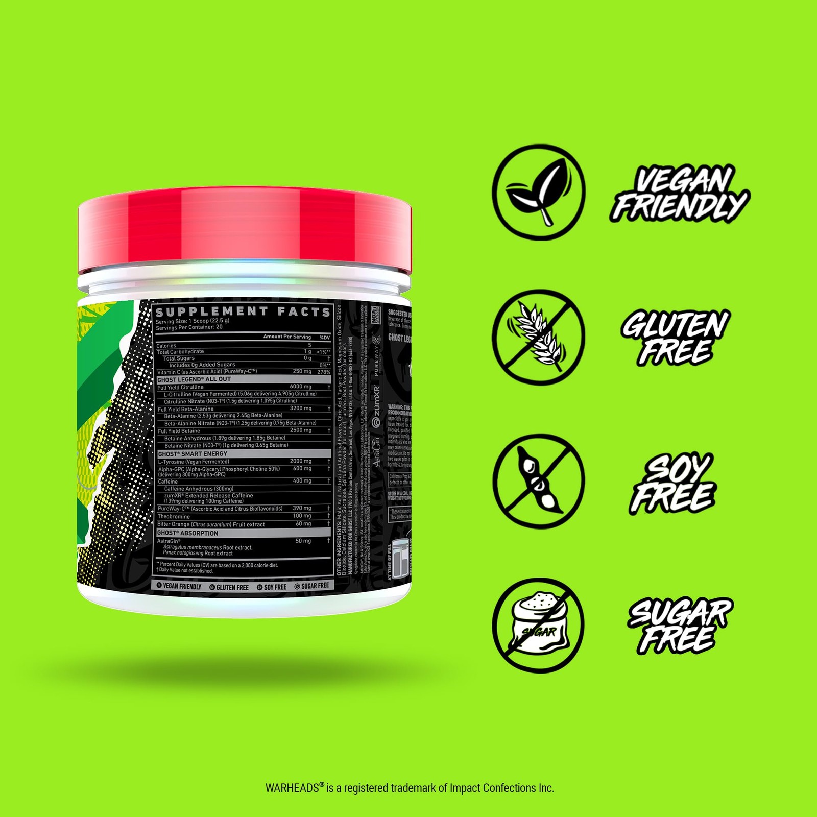 GHOST Legend All Out Pre Workout Powder Warheads Sour Green Apple 20 Servings
