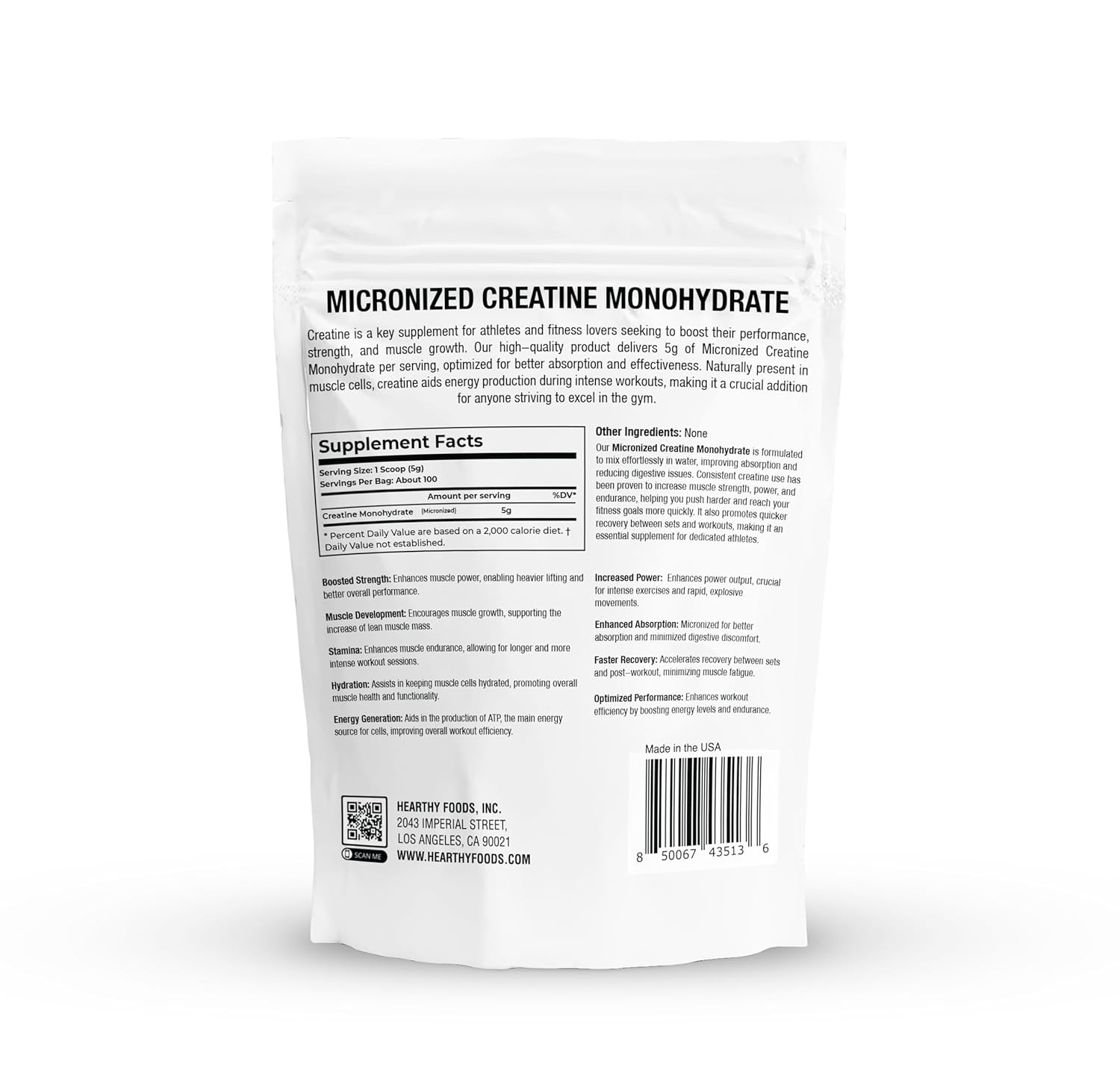 HEARTHY FOODS Creatine Monohydrate Micronized Powder 500G – 100 Servings, 5000mg