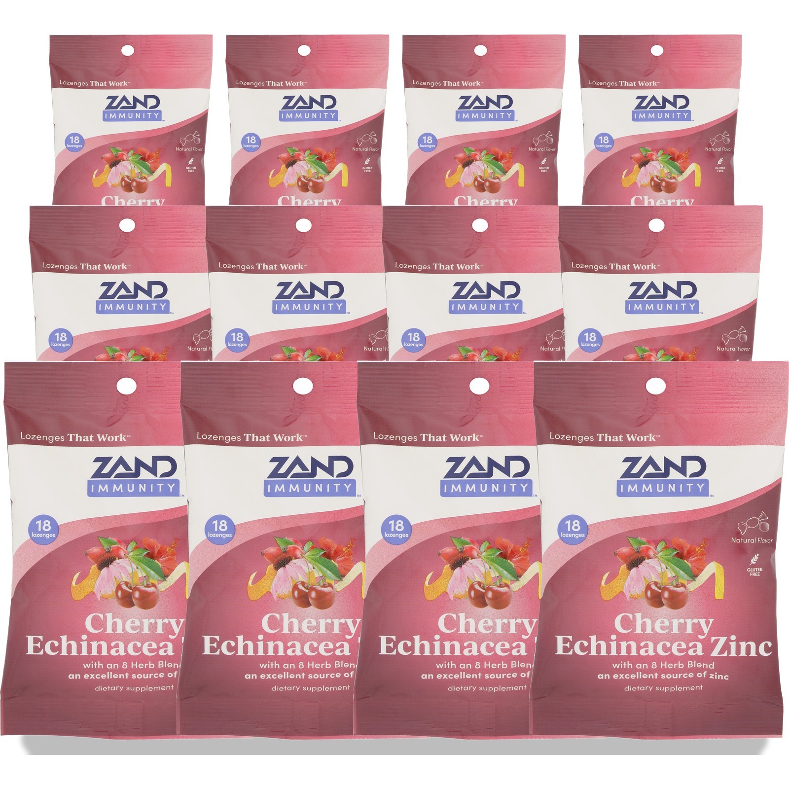 Cherry Echinacea Zinc Dietary Supplement Lozenges By Zand 18 Count 12 Pack