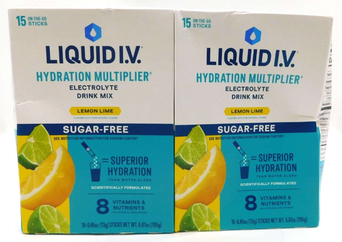 2Pk- Liquid I.V. Sugar Free Lemon Lime, 30 Total Sticks, Exp. 8/27