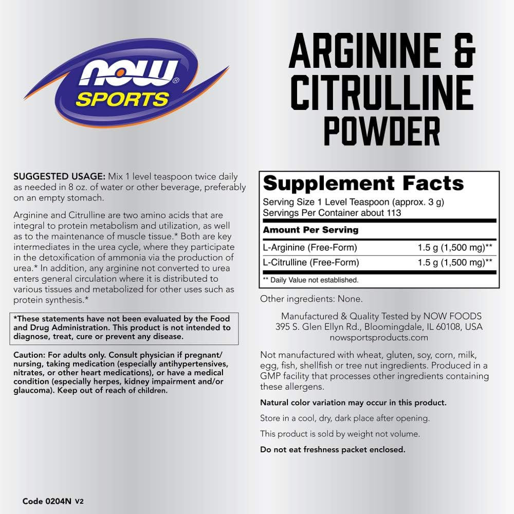 NOW Sports Arginine & Citrulline Powder, 1:1 Ratio, Amino Acid, 12-Ounce