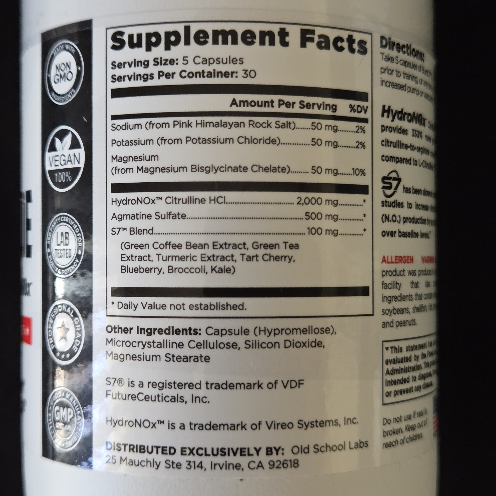Old School Labs Nitric Oxide Pre-Workout Supplement HydroNOx S7 Blend 30 Serving