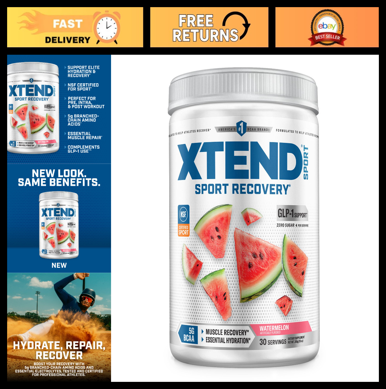 BCAA Powder Watermelon – Electrolyte Recovery & Hydration Drink Mix – 30 Serving