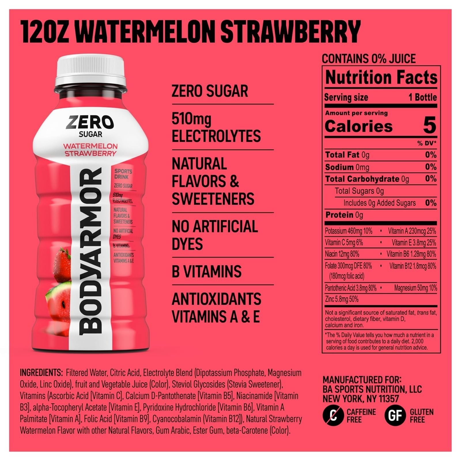 BODYARMOR Zero Sugar Watermelon Strawberry Electrolyte Drink 12 Fl Oz 8 Pack