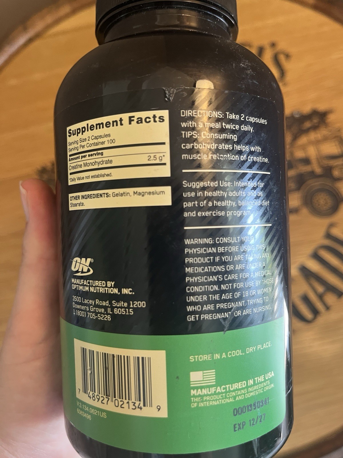 Optimum Nutrition Micronized Creatine Monohydrate, 200 Capsules, 12/27