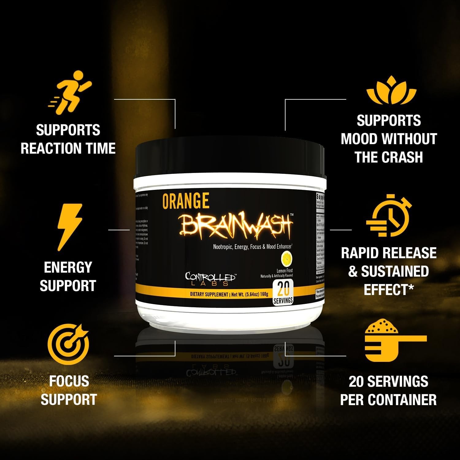 Controlled Labs Orange Brainwash Nootropic Energy Focus Gaming 20svg Lemon Frost