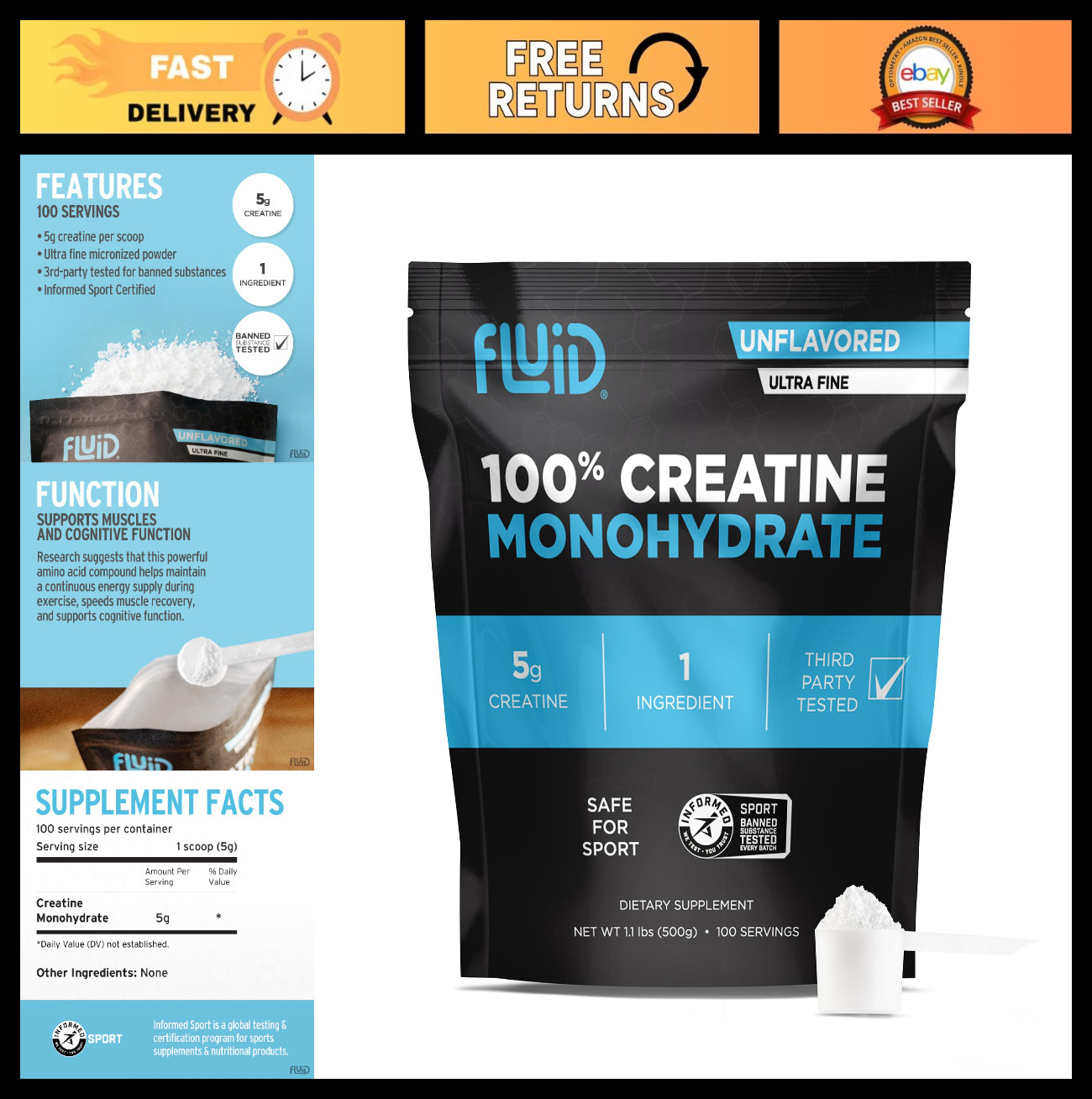 Ultra-Fine Micronized Creatine Monohydrate Powder – 100% Pure, Unflavored, 5g x
