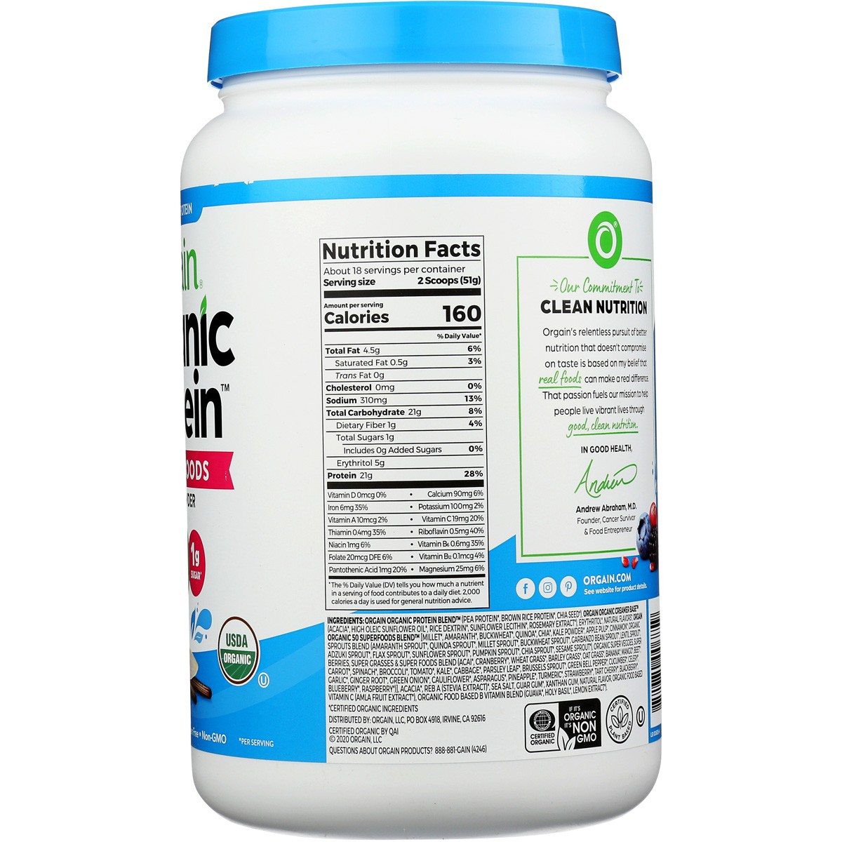 Vanilla Bean Plant Based Protein Powder Orgain Organic 2.02 Lb 1 Pack