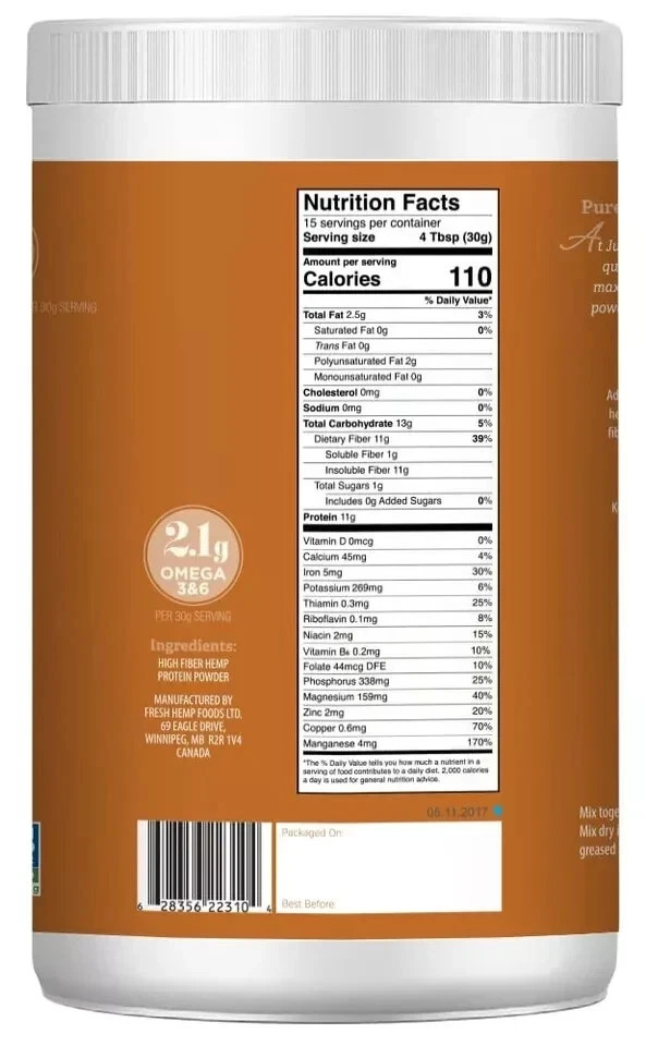 Just Hemp Foods Hemp Protein Powder Plus Fiber Non-GMO Verified with 11g of P