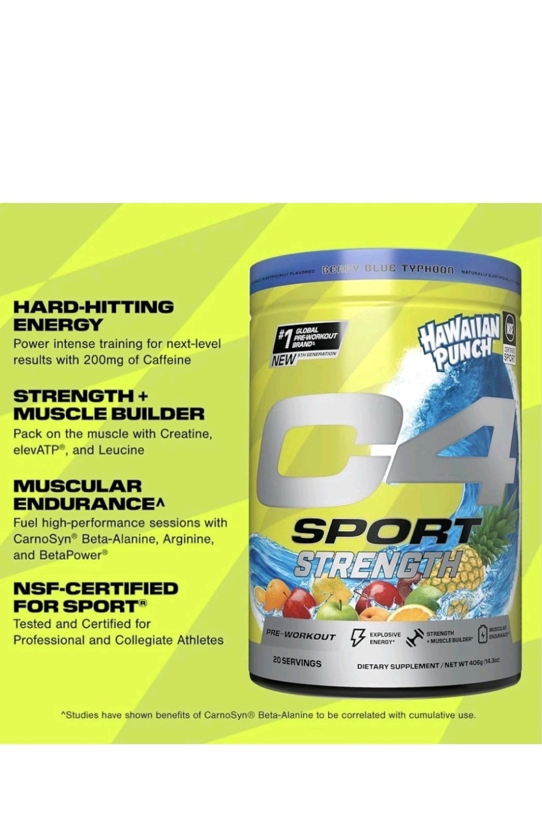 C4 Sport Strength, Pre-Workout, Hawaiian Punch Berry Blue Typhoon, 14.3 oz