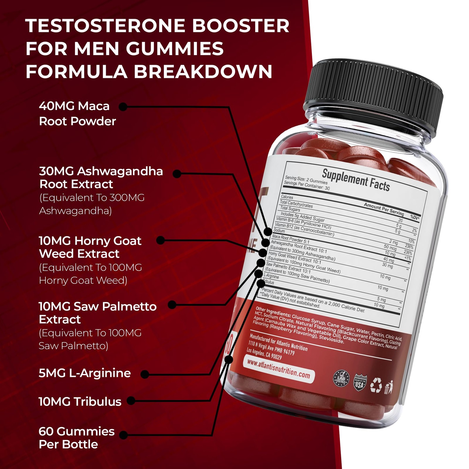 Atlantis Nutrition Testosterone Booster For Men Gummies 60 Count (Pack of 1)