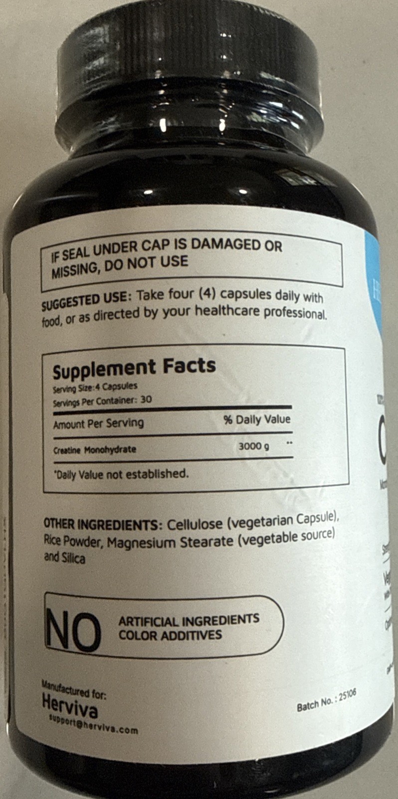 Herviva 100% Pure Creatine Monohydrate Veggie Capsules 3000 Mg 120 Count
