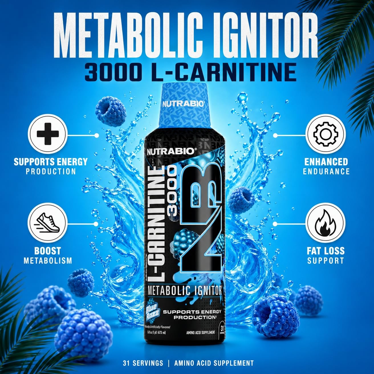 NutraBio – L-Carnitine Liquid Shots – 3000mg, 16 Fl Oz (Pack of 1), Blue