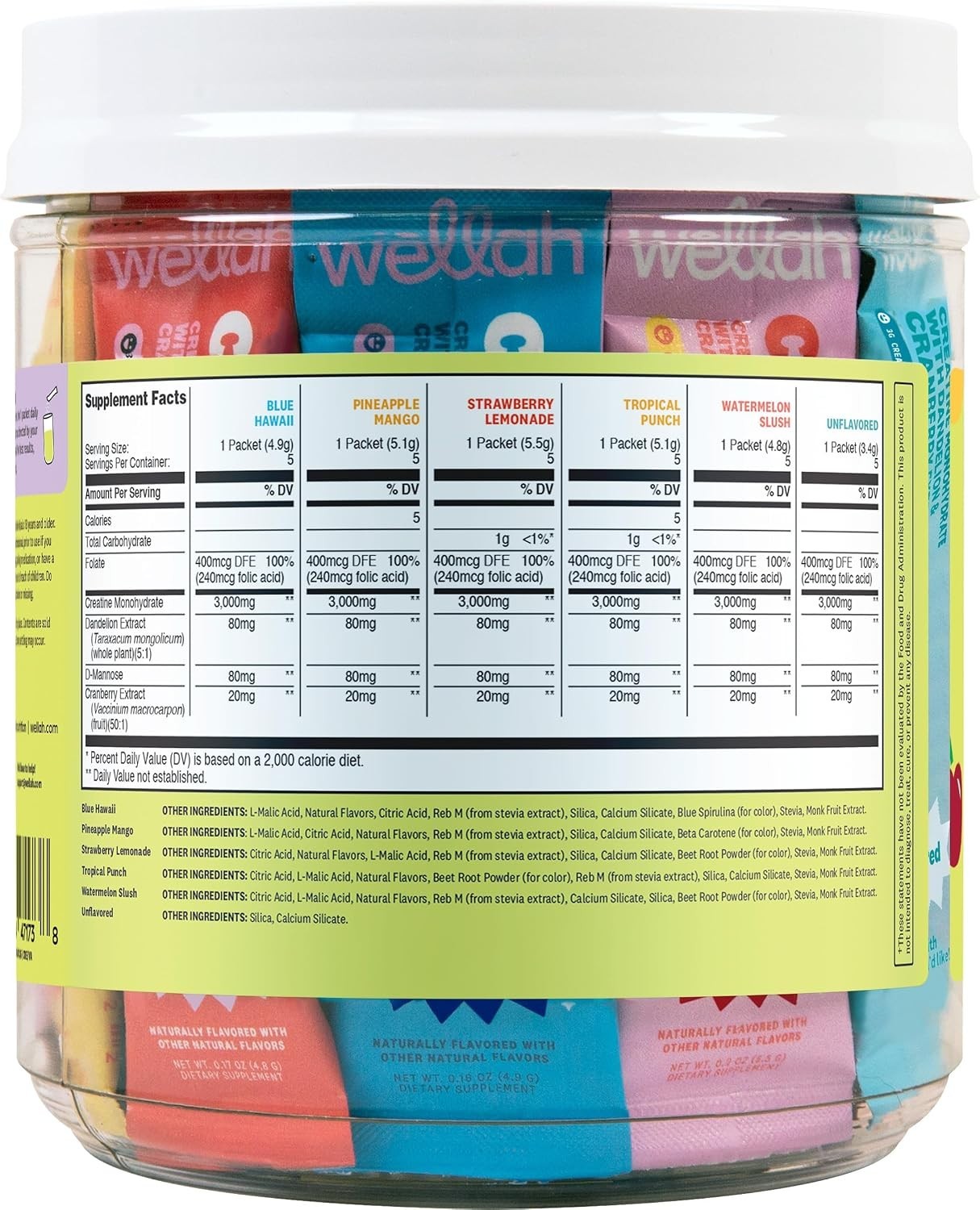 Wellah Creatine Monohydrate Powder for Women 30 Stick Packs 6 Flavors 3g