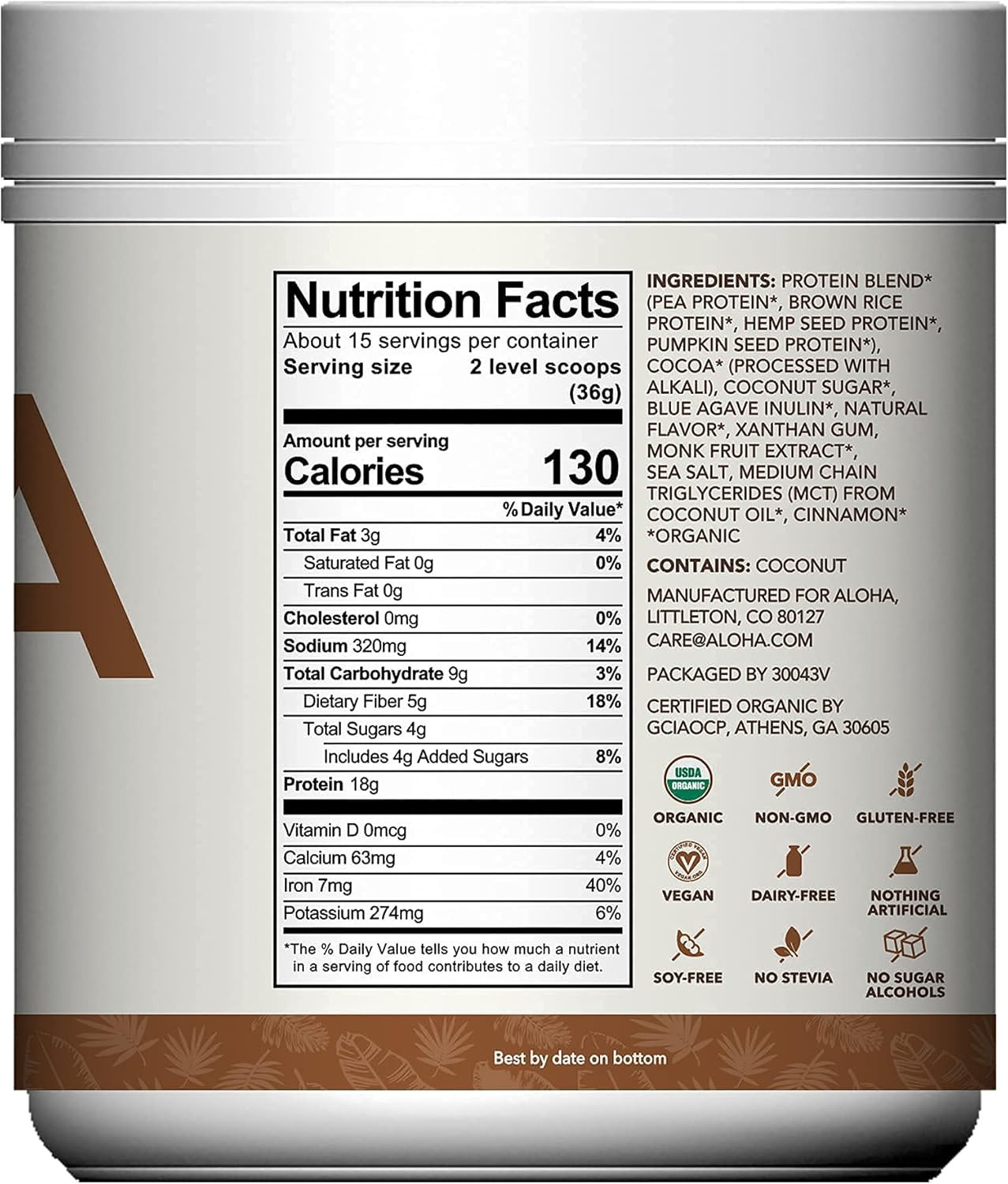Organic Plant Based Protein Powder, Stevia Free, Chocolate, 19.6 Oz, 15 Servings