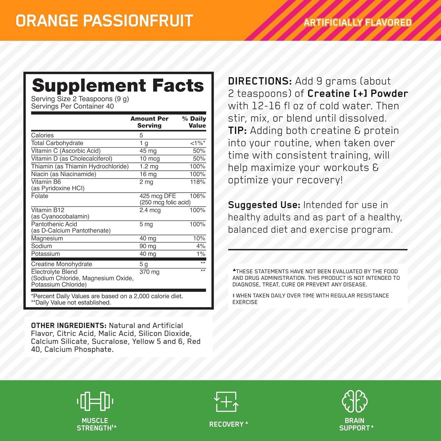 Creatine Monohydrate plus Powder, Orange Passionfruit Flavored Creatine Perfo…