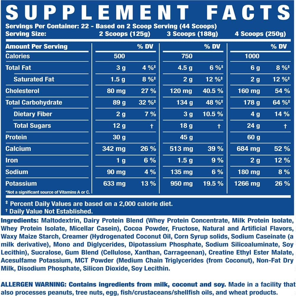 King Mass XL Protein Powder, Weight and Muscle Gainer, 60G Protein, 180G Carbohy