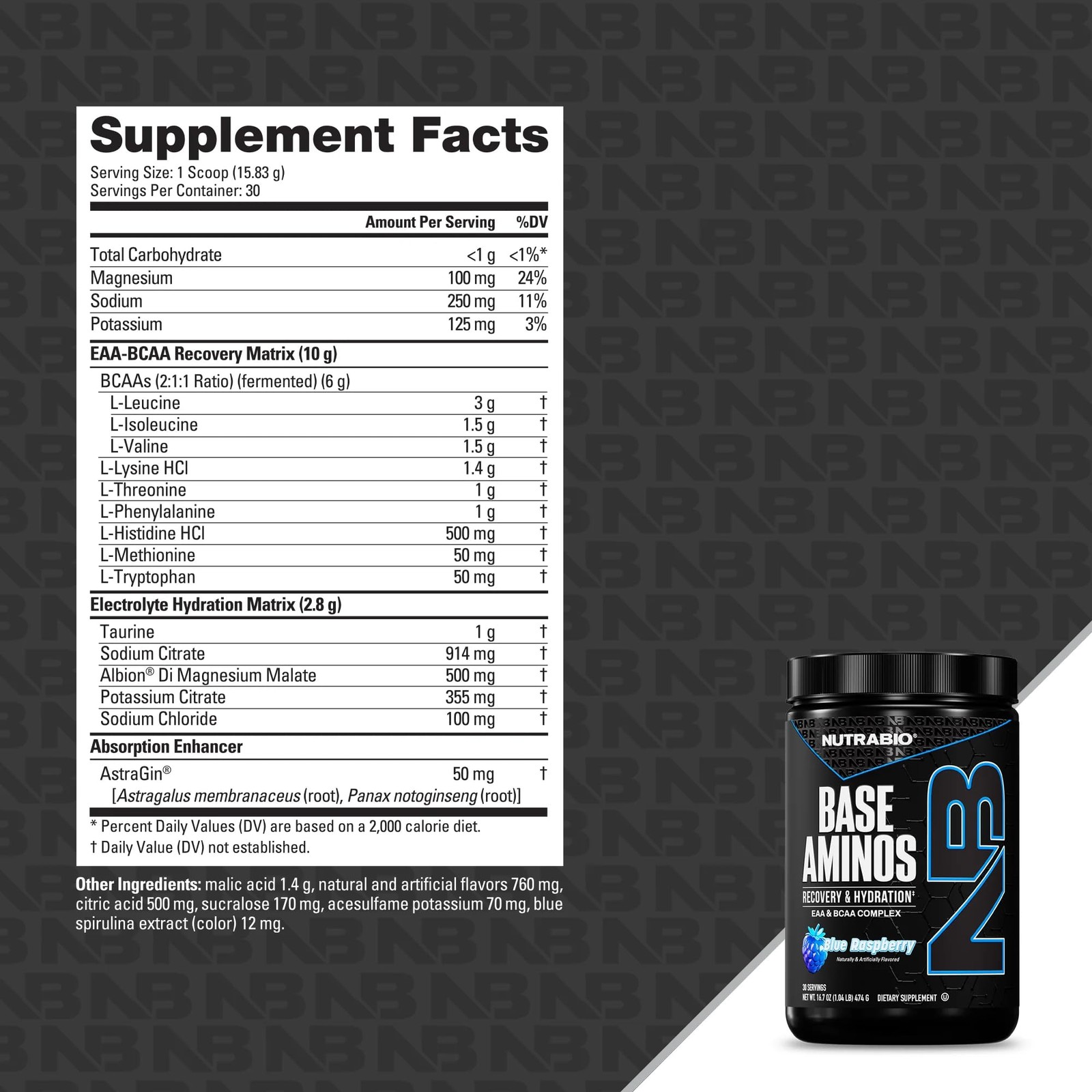 NutraBio Base Aminos EAA + BCAA Powder Blue Raspberry 30 Servings Hydration