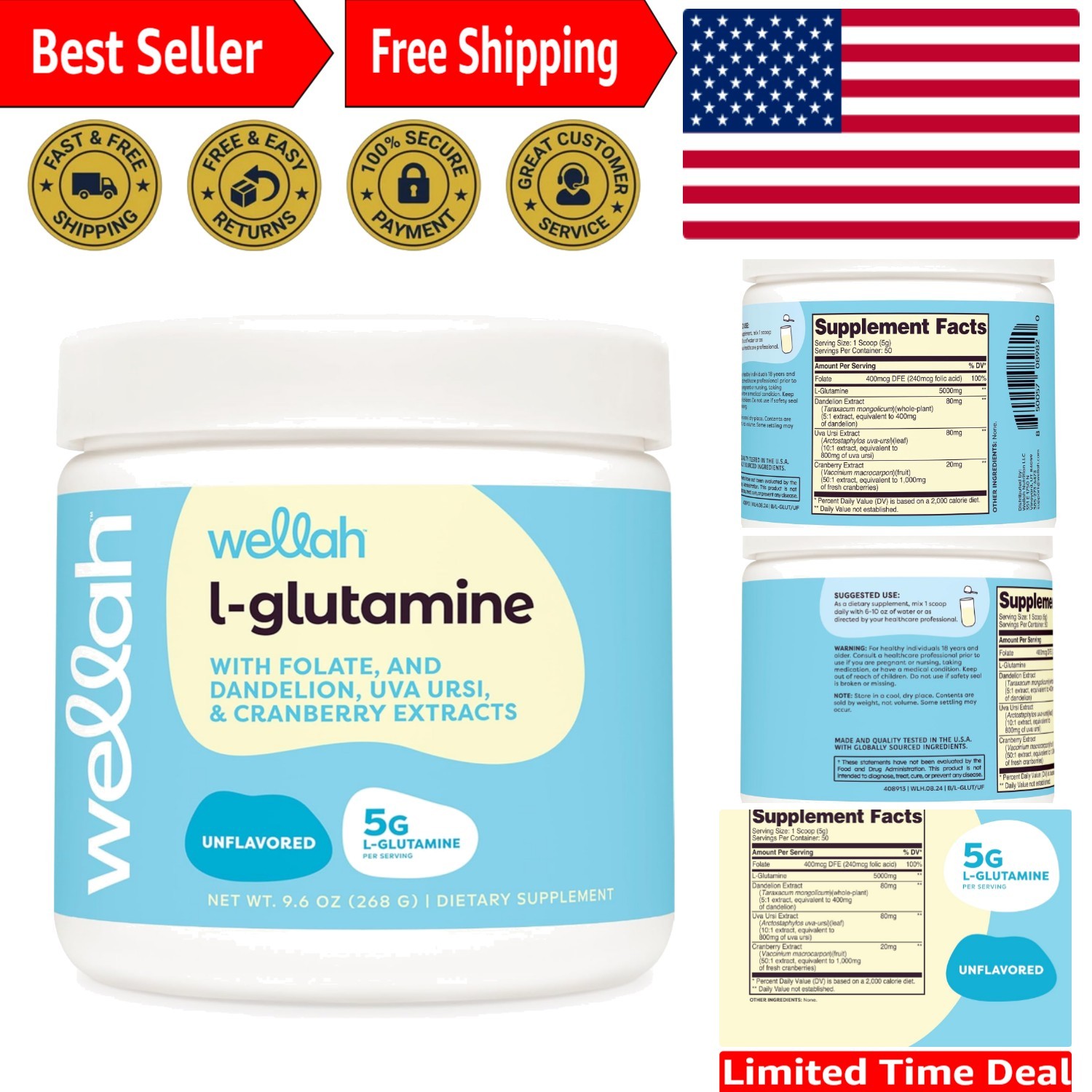 L-Glutamine Powder Unflavored – 50 Servings, 5g Per Serving, Stevia Sweetened